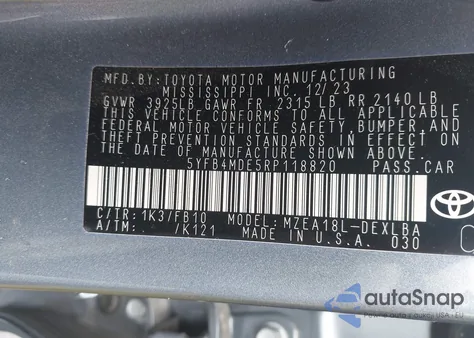 2024 Toyota Corolla Le z USA, uszkodzony, nr VIN 5YFB4MDE5RP118820